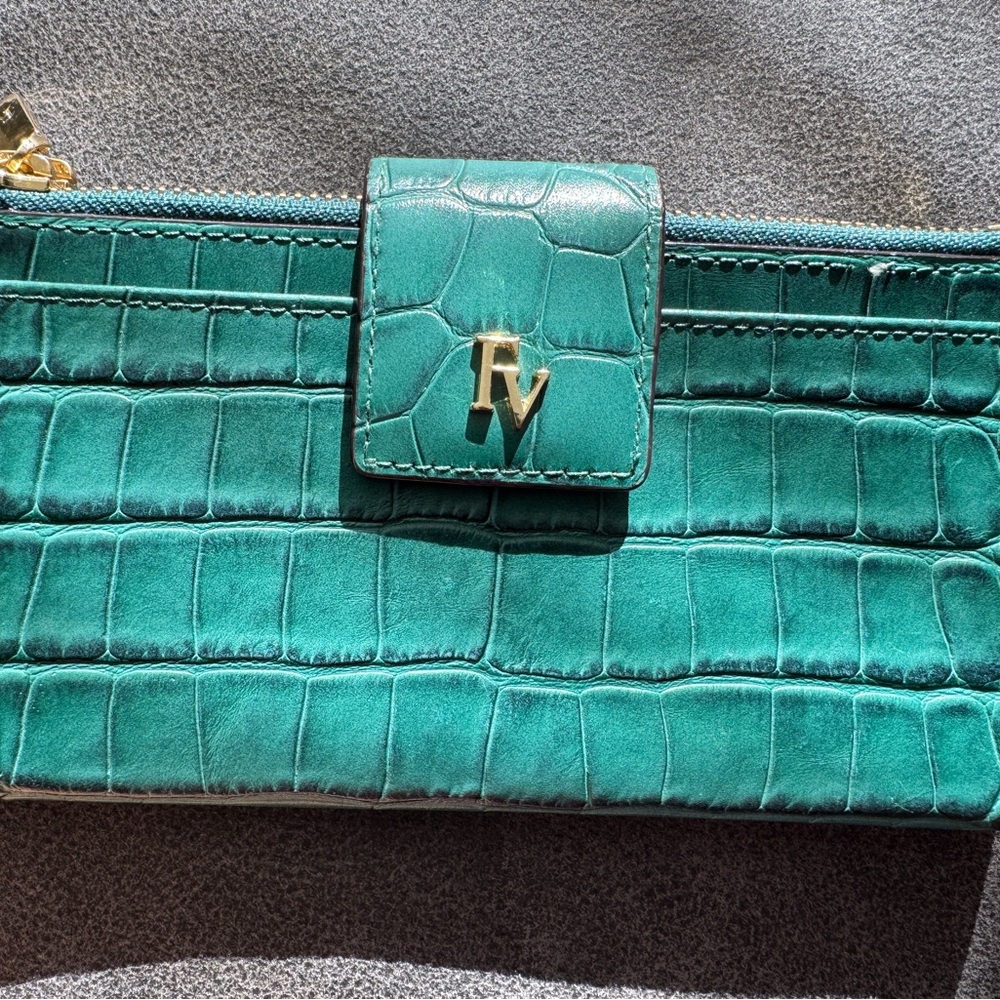 Frances valentine double slim croc-embossed leather wallet- green - Picture 1 of 8